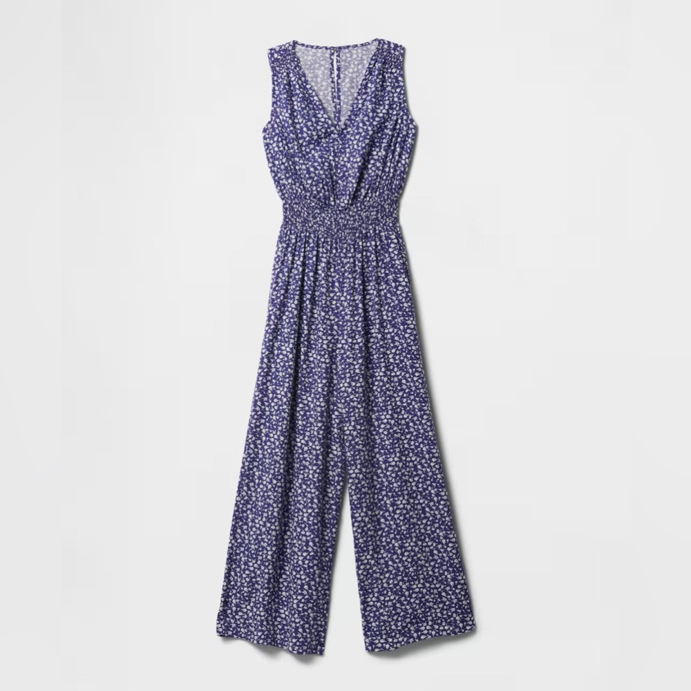 Smocked Wide-Leg V-Neck Jumpsuit Large Blue Ditzy Floral